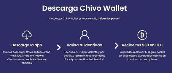 Last ned appen, identifiser deg, motta 30 dollar. Slik reklamerer myndighetene i El Salvador for appen Chivo Wallet. <i>Skjermbilde:  Chivo Wallet</i>