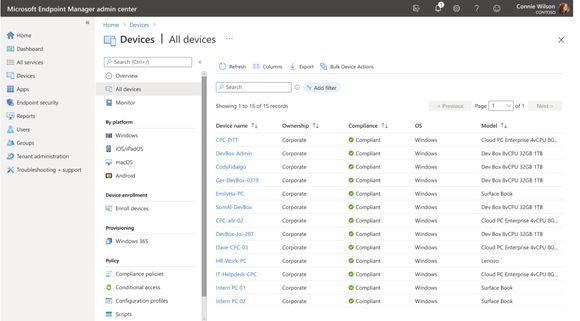 Fordi Dev Box-tjenesten er integrert med Windows 365, kan Dev Box-enhetene administreres sammen med Cloud PC-er i Microsoft-verktøy som Intune og Endpoint Manager. <i>Skjermbilde:  Microsoft</i>
