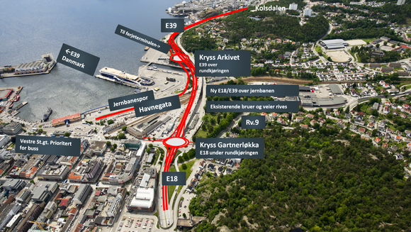 Et oversiktsbilde som viser hvor stort byområde som blir involvert i Statens vegsesen sitt prosjekt E18/E39 Gartnerløkka – Kolsdalen i Kristiansand. <i>Illustrasjon:  Statens vegvesen</i>