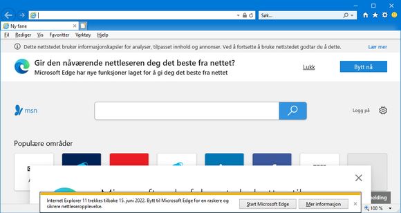 Internet Explorer i Windows 10 varsler at nettleseren trekkes tilbake 15. juni 2022. <i>Skjermbilde: Digi.no</i>