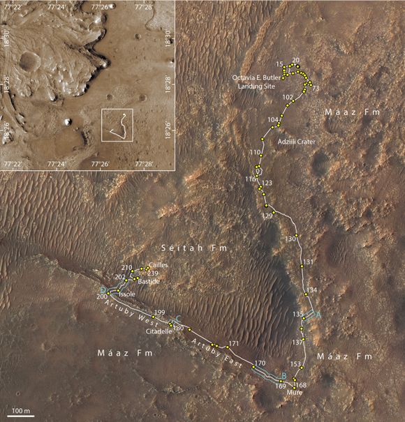 Her kan du se ruten til Perseverance. Tallene viser antall Mars-døgn etter landing. Det var rundt dag 200, på vei inn i området som heter Séitah, at Rimfax observerte at bergartene tipper nedover. <i>Illustrasjon:  Hamran m.fl.</i>
