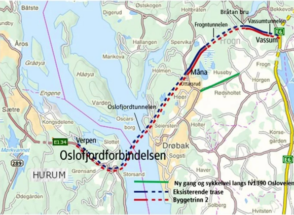Prislappen for en ny Oslofjordforbindelse er 5,8 milliarder kroner. Illustrasjonen viser eksisterende trasé i blått, foreslått ny trasé i rødt. I øst kommer Oslofjordtunnelen (E134) opp i dagen ved Måna i gamle Akershus fylke. <i>Foto:  Statens vegvesen</i>