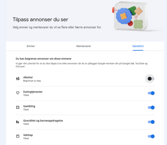 Emner Google har definert som «sensitive», er det mulig å velge bort. <i>Skjermbilde:  Google</i>