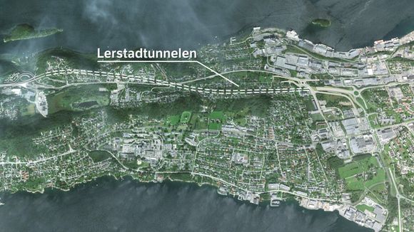 Oversiktsfoto med innteikna trasé for E136 Breivika-Lerstad <i>Illustrasjon:  Statens vegvesen</i>