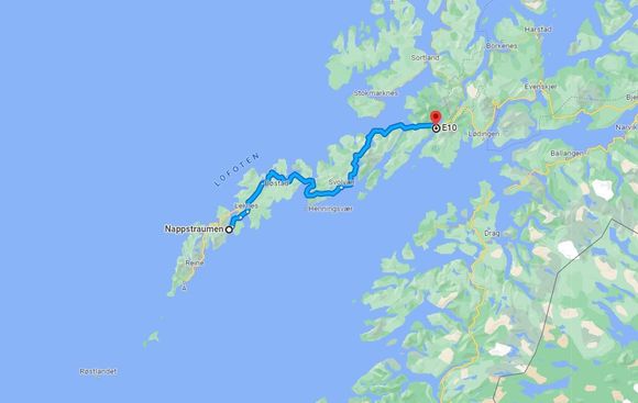 Utbygging av E10 Fiskebøl – Nappstraumen er ikke tilstrekkelig utredet, og vil derfor ikke bli prioritert i neste vegplanperiode, mener Statens vegvesen. <i>Illustrasjon:  Google maps</i>