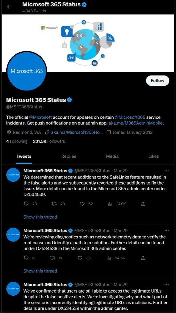 Twitter har ingen informasjon om hva som feiler Microsoft 365. <i>Foto:  Twitter</i>