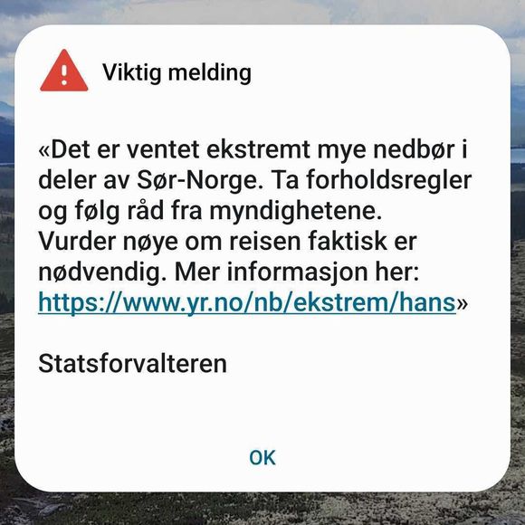 Nødvarsel blir sendt ut til personer som kan bli rammet av ekstremværet i Sør-Norge. <i>Skjermbilde:  privat</i>