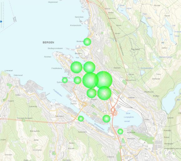 Kart over hvor den bedragerisiktede studenten skal ha operert i Bergen. <i>Illustrasjon:  Økokrim</i>