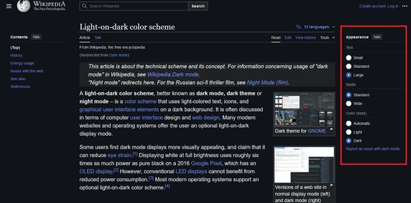 Her ser man hvordan Wikipedia ser ut med mørk modus aktivert. Til høyre ser man av-og-på knappen for modusen. <i>Foto:  Skjermdump</i>