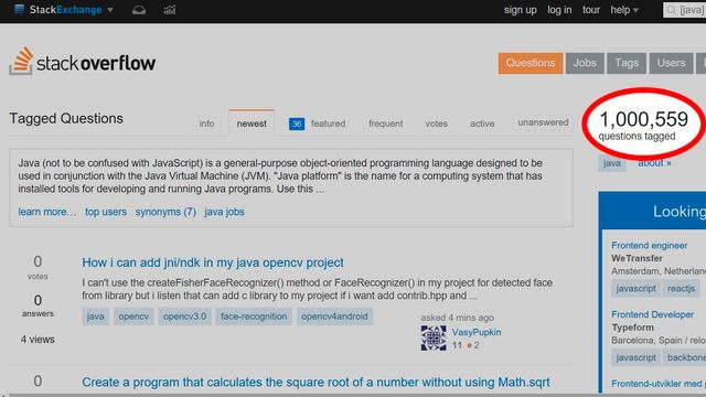 Java har passert 1.000.000 spørsmål på Stackoverflow