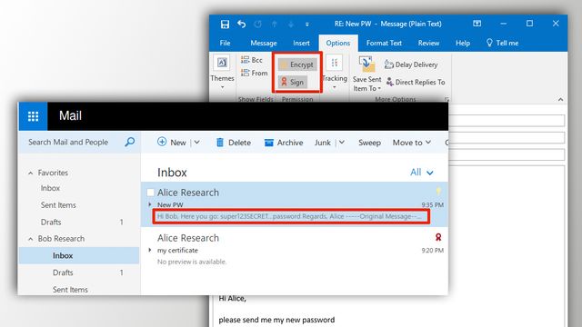 Outlook sendte ukryptert kopi sammen med krypterte eposter