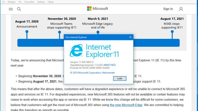 Dropper støtte for Internet Explorer 11 i Microsoft 365