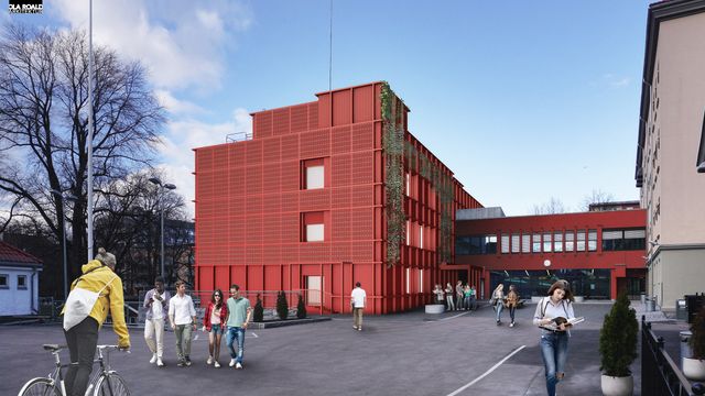 Bygger ny fasade med solceller i samme røde farge 