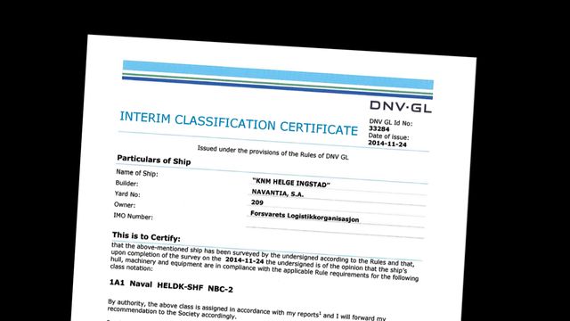 Disse sertifikatene er grunnlaget for hele «Helge Ingstad»-konflikten mellom staten og DNV GL