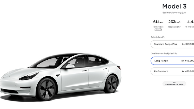 Tesla Model 3 kommer nå med over 600 kilometers WLTP-rekkevidde