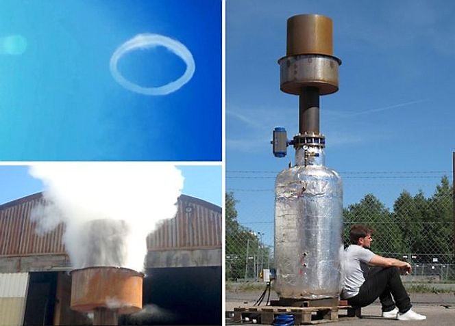 En rekke prototyper er testet i utviklingen av røykring-generatoren, som denne i april i år. Denne varianten lagde en dampring tilsvarende 1 tiendedel av ønsket størrelse.