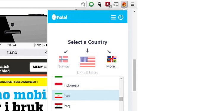 Du kan når som helst endre land fra Hola-ikonet i nettleseren.