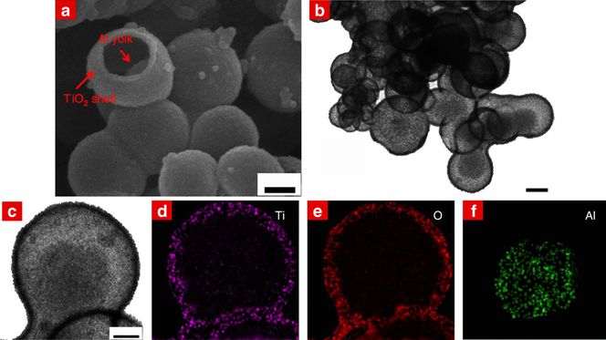 (a) SEM image of Al@TiO2 with a broken shell. Bright-field transmission electron microscopy images of Al@TiO2 at (b) low and (c) high magnifications, indicating the inner aluminum yolk encapsulated by the TiO2 shell. Scale bars, a and b, 20 nm; c, 10 nm. The chemical composition was confirmed by the element mappings of (d) Ti, (e) O, and (f) Al, corresponding to the structure shown in (c).