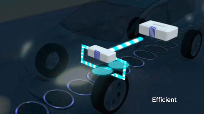 Med kraftfirsyning i veibanen vil det ikke være nødvendig med store batteripakker for å kjøre lange avstander. Illustrasjonen viser Qualcomms Halo-system.