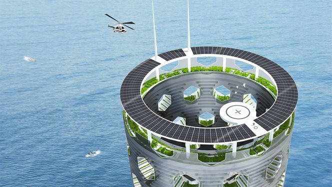 Taket rommer både helikopter-landing, en stor park og selvfølgelig masse solcellepaneler.