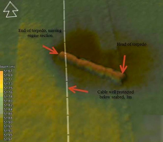 Det er ikke direkte kontakt mellom torpedoen og Norned-kabelen, siden kabelen ligger ca. en meter under havbunnen.