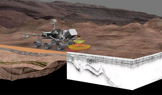 Illustrasjon av hvordan Rimfax vil operere på Mars om seks år fra nå.