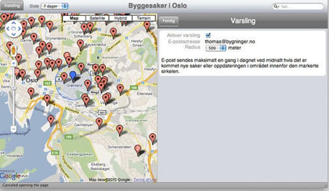 Marker området du vil ha varsel om byggesaker fra via Bygninger.no.