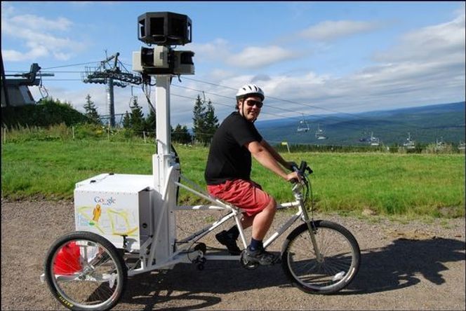 I 2010 syklet Google-ansatte rundt med dette utstyrt i Nordmarka i Oslo. Bilde: Jan Grønbech, Google Norge