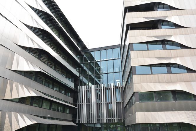 Datamaskin-modellert fasade i resirkulert aluminium for å holde solenergien ute, men slippe inn naturlig lys, uten bruk av persienner som trenger vedlikehold hos Schneider.