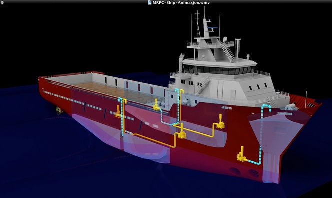 Ballasttanken foran på skipet demper stampebevegelsen. Illustrasjon fra animasjonsvideo.