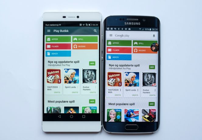 Konkurrenter: Huawei sikter seg inn mot de store, slik som Galaxy S6 Edge fra Samsung. Førsteinntrykket er veldig bra, men som det fremkommer av bildet har Samsung kontrollknappene under skjermen, mens på P6 opptar de en del av skjermbildet.