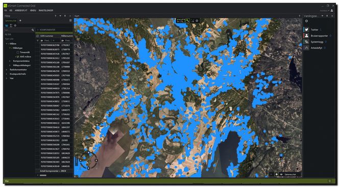 Alle 21.000 målerpunkter hos Ringeriks-Kraft er plottet inn på en kartløsning i Connected Grid. Bilde: Skjerm