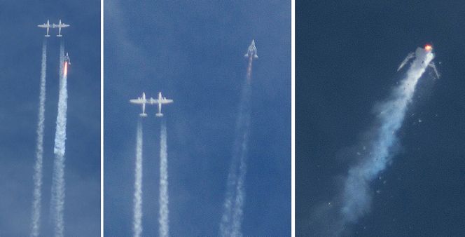 Denne bildesammenstillingen viser hvordan SpaceShipTwo først separeres fra bæreflyet White Knight Two og senere havarerer under en testflygning over Mojave-ørkenen fredag 31. oktober i fjor.