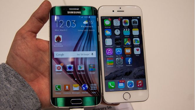 Galaxy S6 Edge ved siden av iPhone 6.