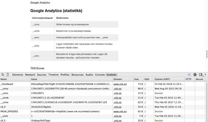 NRK.no redegjør detaljert for hva de bruker sine informasjonskapsler til. Nederst på bildet vises Cookie Inspector for Google Chrome.