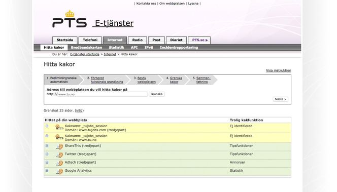 Den svenske Post- og telestyrelsen har et hjelpeverktøy for webutviklere som vil identifisere cookies