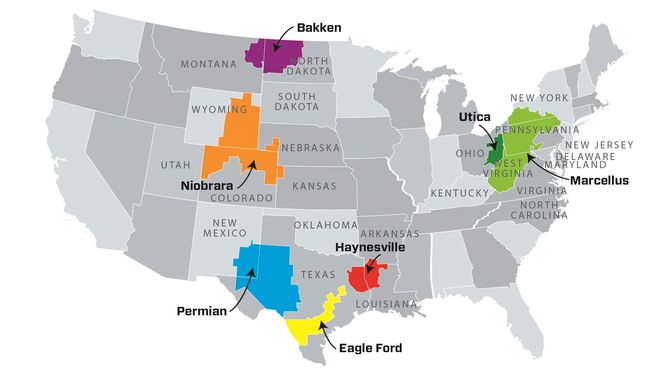 Disse syv skiferoljeområdene i USA sørget for å øke landets olje- og gassproduksjon med 95 prosent på bare to år (mellom 2011 og 2013).