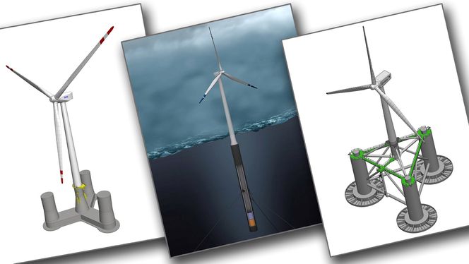 Fra venstre: OO Star, Hywind og Hiprwind. OO Star er et søylestabilisert betongfundament laget for tøff sjø og enorme vindmøller opp mot 10 MW.  Hywind har ulikt mange andre flyterkonsepter et sparbøye-fundament, og er utviklet for større vanndyp. HiprWind-prosjektet skal gi forskere åpne driftsdata fra den flytende vindmøllen, som NTNU og Dr. Techn. Olav Olsen vil sette opp utenfor Bjugn i Trøndelag.