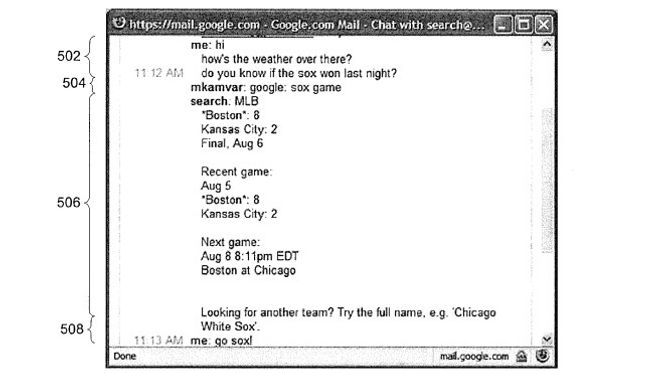 Her vises eksempel på Google-søk satt rett inn i en samtale. Illustrasjon fra patentet.