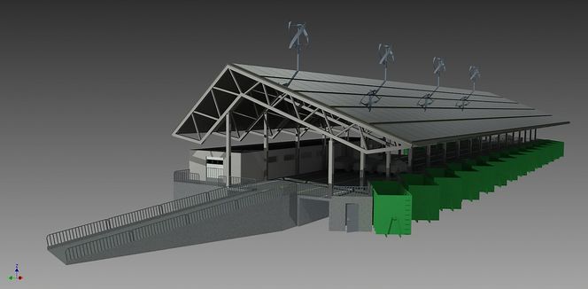 Den nye gjenvinningsstasjonen blir formet som en rampe i betong, rundt 2,4 meter høy, med plass til 19 skråstilte containere til papp, plast, trevirke etc.