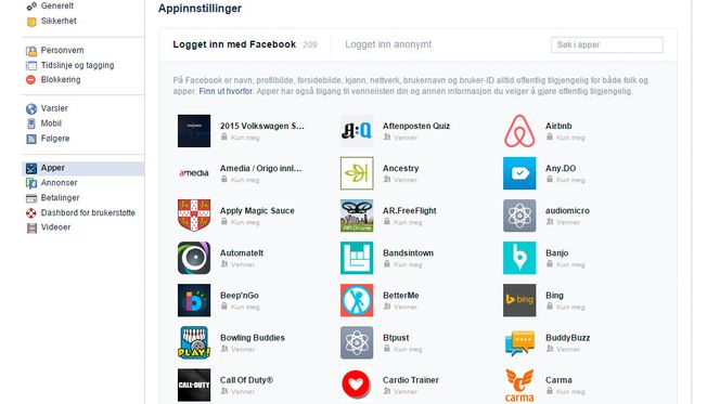 Her finner du ut hvilke apper som har tilgang til informasjon fra Facebook-kontoen din.