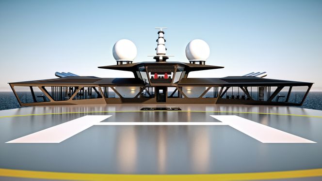 Helikopterdekk med operasjonsdekk i bakgrunnen og cockpiten på toppen. I cockpiten er det kun kapteinen og styrmenn som skal ha sin arbeidsplass for å sørge for mest mulig arbeidsro.