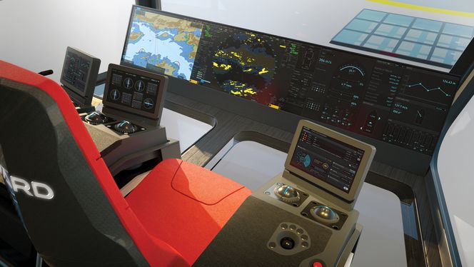 Integrert bro med liten skjerm i armlenet, der kapteinen også velger hva som skal vises på de andre skjermen, som står lavt plassert for å gi god utsikt. I aktercocpit med kapteinsplass og DP-operatør er det vindu i gulvet for å kunne se hva som skjer på dekk.