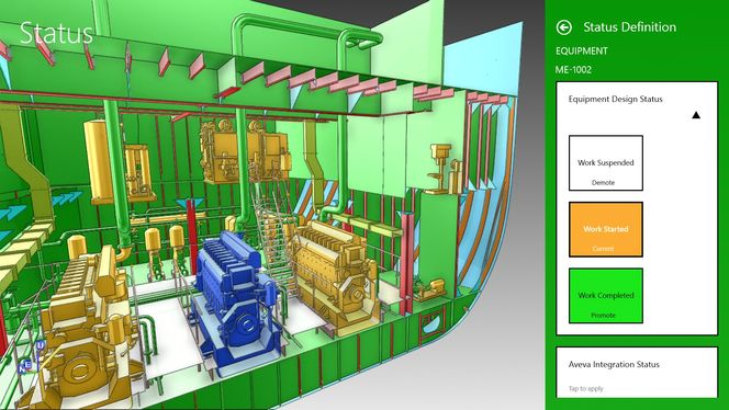Skjermbilde fra visualiseringsverktøyet. Her kan man gå inn i detaljer og se status på designarbeidet, som er utført i DAK-programmet PDMS.