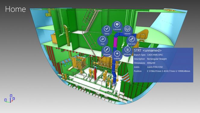 En del av ventilasjonsanlegget er valgt. Vital informasjon kommer fram, og fra menyen gjør man nye valg og får opp enda mer informasjon.
