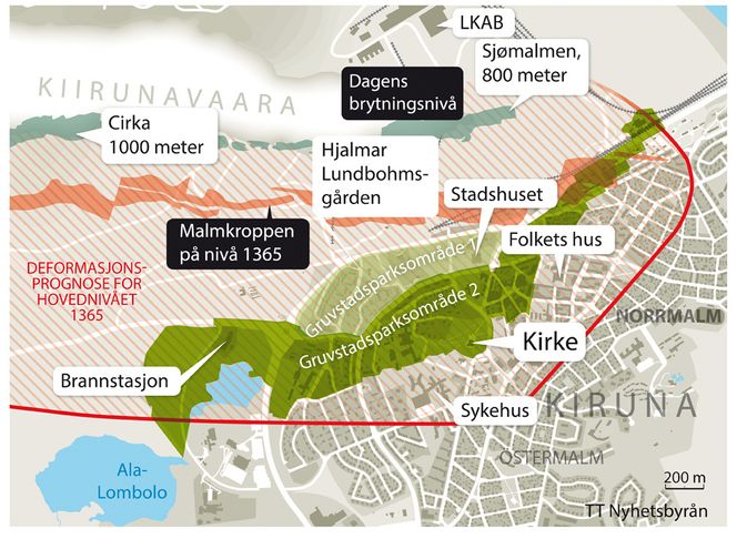 Utsatt område: Denne prognosen viser området som rammes av deformasjoner på grunn av gruvedriften de neste årene, og som derfor må flyttes. Det lysegrønne feltet må være tømt innen 2018, og det mørkegrønne feltet planlegges tømt innen 2028. All annen bebyggelse innenfor den røde streken flyttes etter hvert.