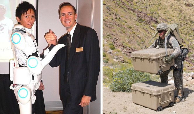 Til venstre ser man det japanske HAL-skjelettet. Til høyre ser vi Lockeed Martins HULC-modell i aksjon.