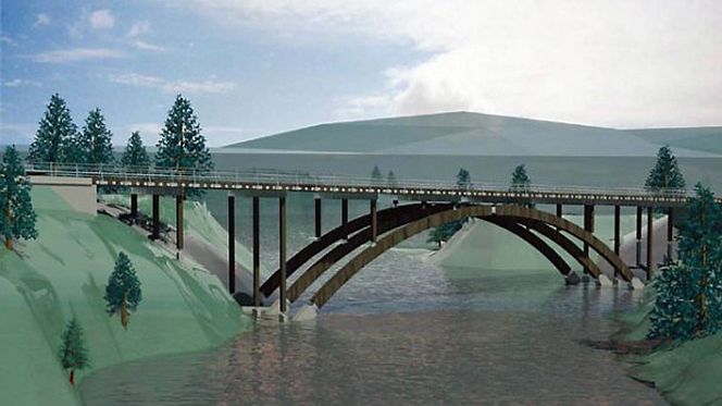 Slik blir Åsta bru når den står ferdig senere i år. Brua er en limtrekonstruksjon med tverrspent dekke. Den forrige landbruksministeren var så begeistret at han inviterte pressen til byggestart. Nå  ønsker Statens vegvesen å forby slike konstruksjoner, til tross for at det er valgt en løsning som fjerner det ene av to påståtte problemer med slike konstruksjoner.