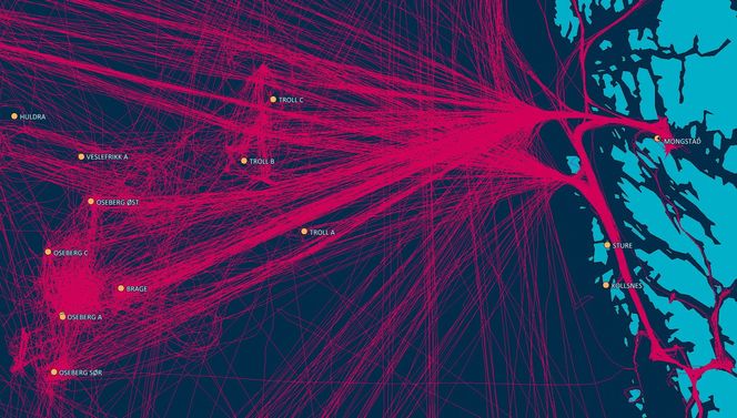 Tett: AIS-spor fra forsyingsfartøy utenfor Mongstad i perioden juni, juli og august 2014. Oljeinstallasjonene er  også markert.