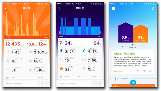 Glimt fra Jawbone-appen, som nok er den mest tiltalende av fitness-appene.